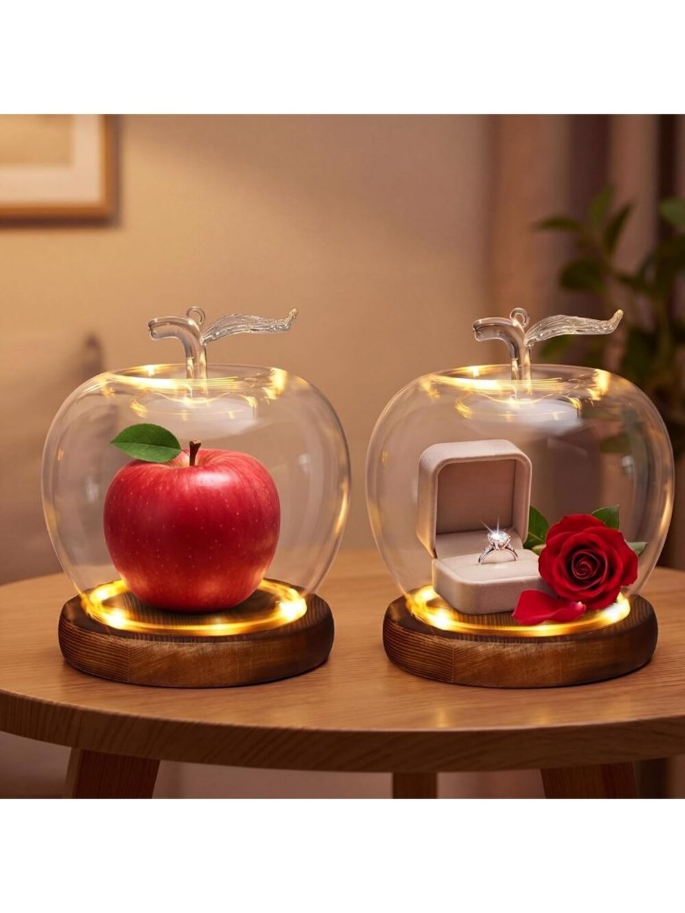 Set of 2 Glass Apple Domes with Wooden Base for Rosh Hashanah Decor & Gifts